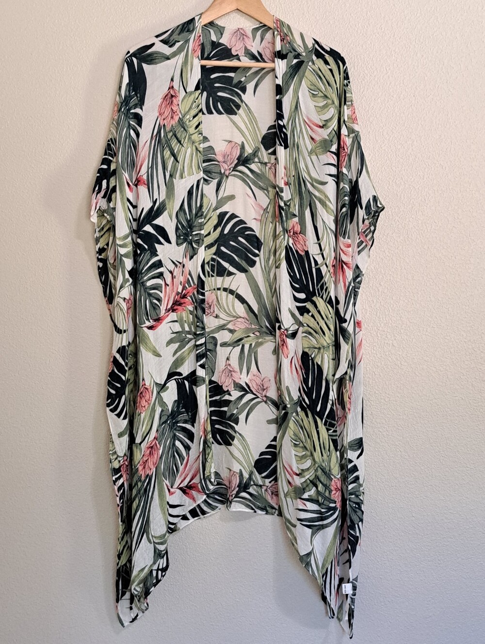 Moss Rose Cover up Kimono Floral Palm Leaf Print Tropical Resort Beach One Size